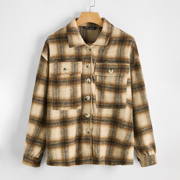 

Button Front Flap Pocket Plaid Coat, Multicolor