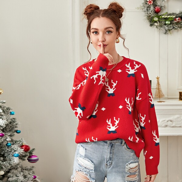 

Christmas Pattern Drop Shoulder Sweater, Red