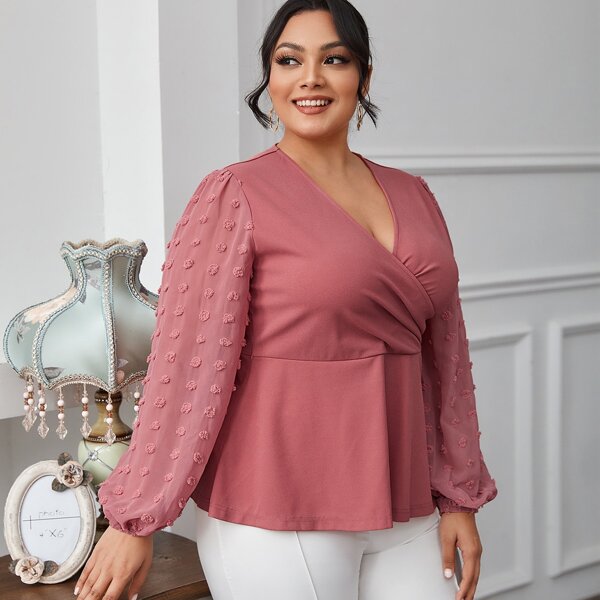 

Plus Surplice Neck Swiss Dot Lantern Sleeve Top, Dusty pink