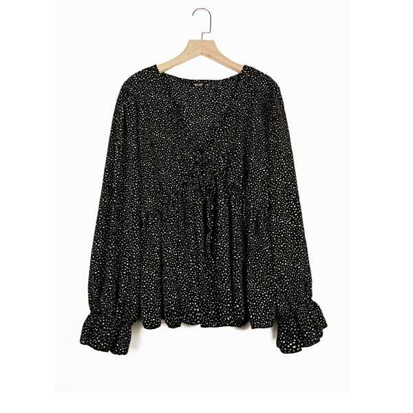 

Plus Dalmatian Print Flounce Sleeve Peplum Blouse, Black