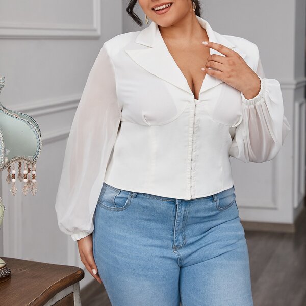 

Plus Lapel Neck Lantern Sleeve Hook and Eye Front Blouse, White