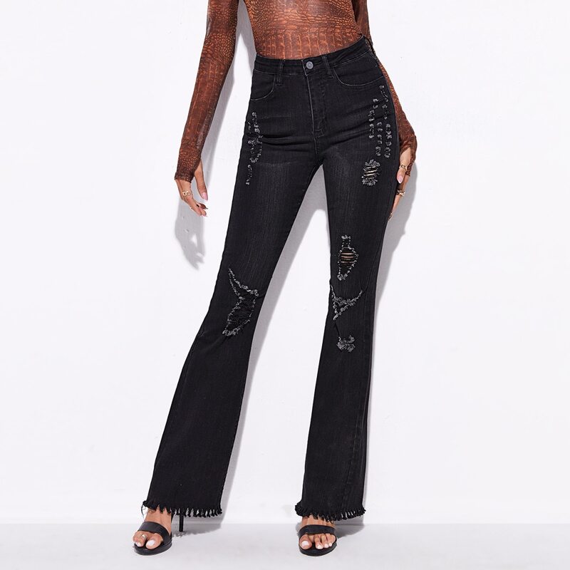 

Ripped Raw Hem Flare Leg Jeans, Black