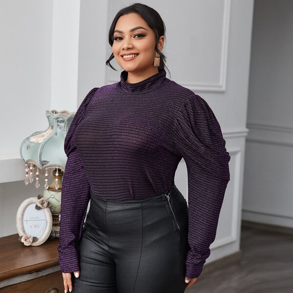 

Plus Mock Neck Gigot Sleeve Glitter Top, Purple