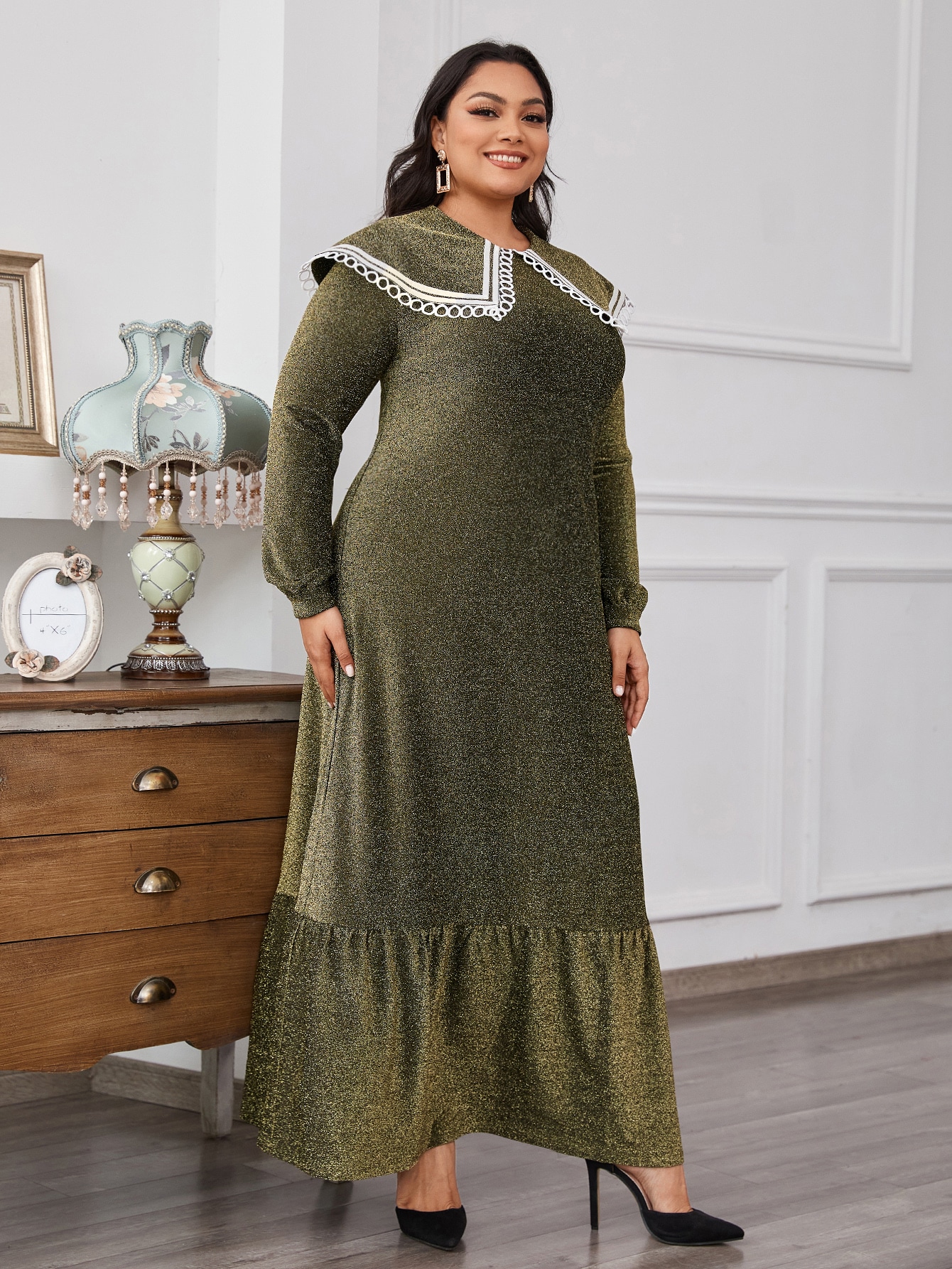 Plus Statement Collar Flounce Hem Velvet Dress thumbnail