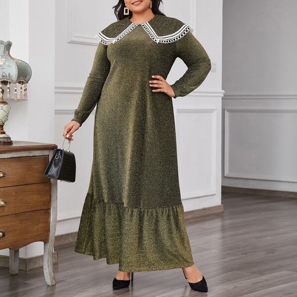 

Plus Statement Collar Flounce Hem Velvet Dress, Green