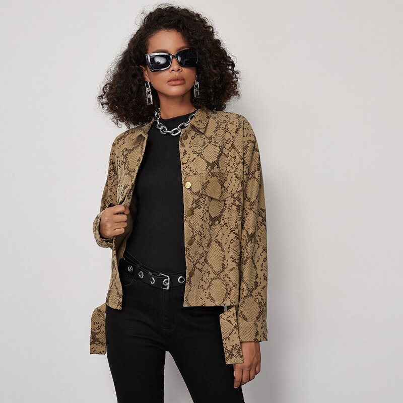 

Drop Shoulder Buttoned Snakeskin Jacket, Multicolor