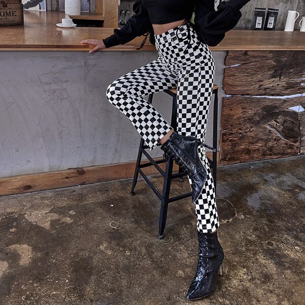 

Checkered Print Pocket Skinny Pants, Black and white