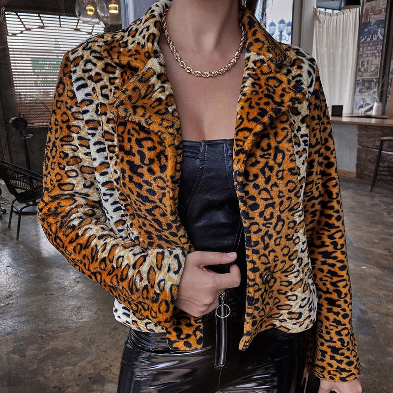 

Leopard Print Lapel Collar Teddy Coat, Multicolor