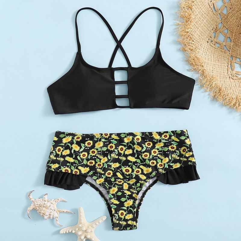 

Sunflower Print Cut-out Bikini Swimsuit, Multicolor