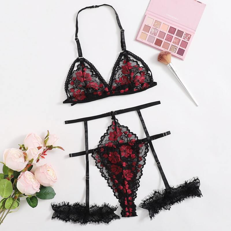 

Floral Lace Garter Lingerie Set, Black