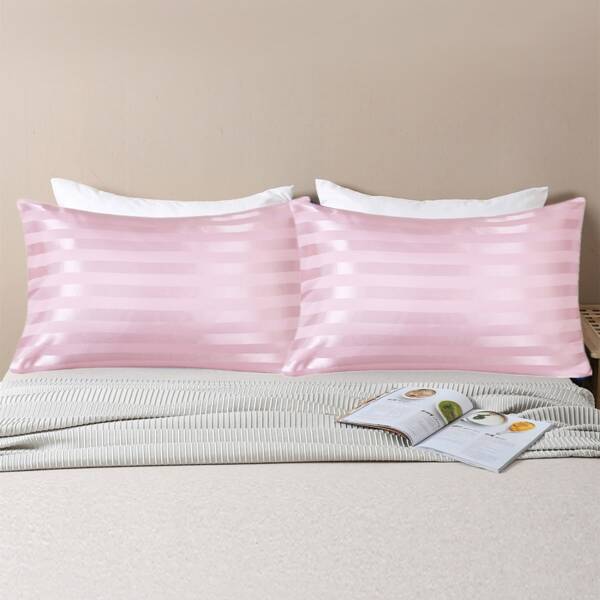 

1pair Striped Pattern Satin Pillowcase Without Filler, Pink