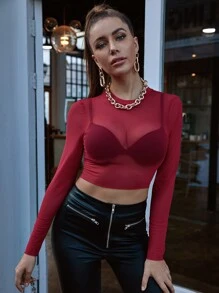 SHEIN BAE Sheer Geo Mesh Crop Top Without Bra - Red - View 1
