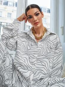 SHEIN Line Print Fold Pleated Slant Pocket Wide Leg Trousers - White - View 6