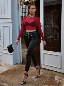 SHEIN BAE Sheer Geo Mesh Crop Top Without Bra - Red - View 4