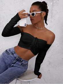 SHEIN BAE Áo nữ Xù màu trơn Gợi cảm - màu đen - Xem 1