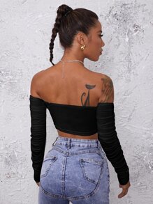 SHEIN BAE Áo nữ Xù màu trơn Gợi cảm - màu đen - Xem 2