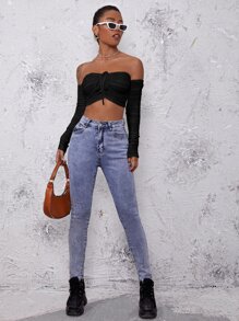 SHEIN BAE Áo nữ Xù màu trơn Gợi cảm - màu đen - Xem 3