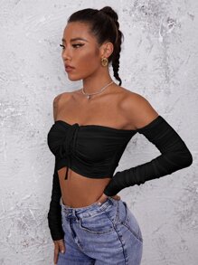 SHEIN BAE Áo nữ Xù màu trơn Gợi cảm - màu đen - Xem 4