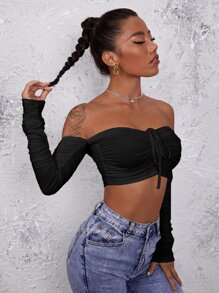 SHEIN BAE Áo nữ Xù màu trơn Gợi cảm - màu đen - Xem 5