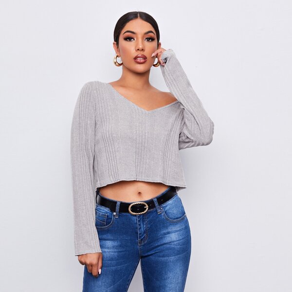 

Rib-knit Raw Hem Top, Light grey
