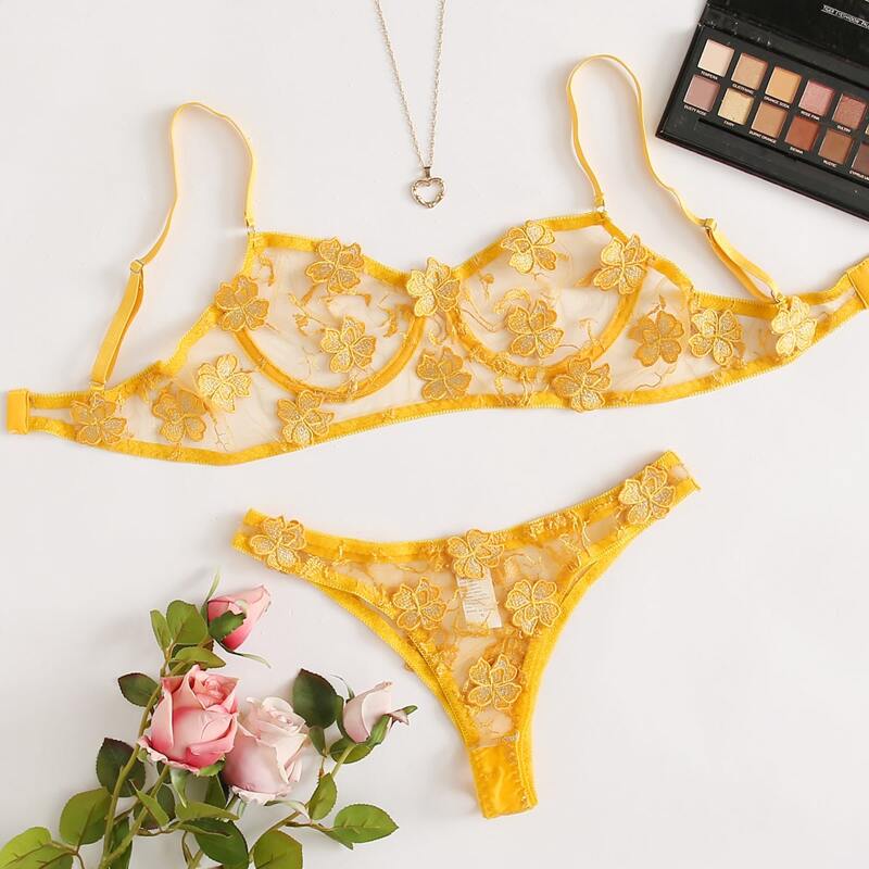 

Floral Lace Sheer Lingerie Set, Yellow