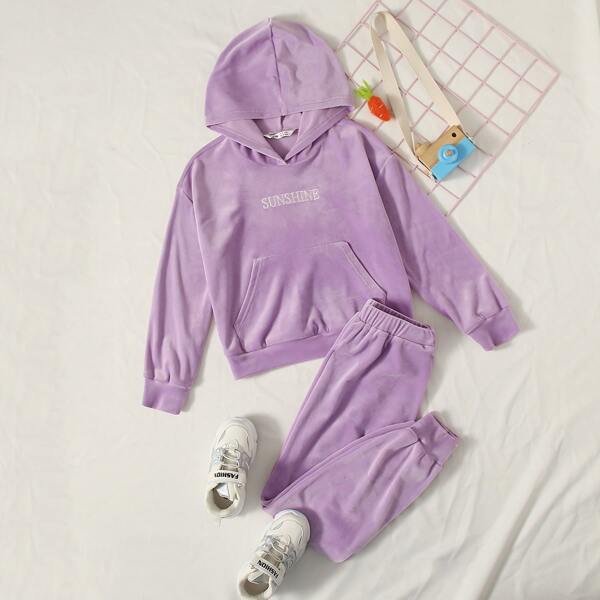 

Girls Letter Embroidered Drop Shoulder Velvet Hoodie & Sweatpants Set, Lilac purple
