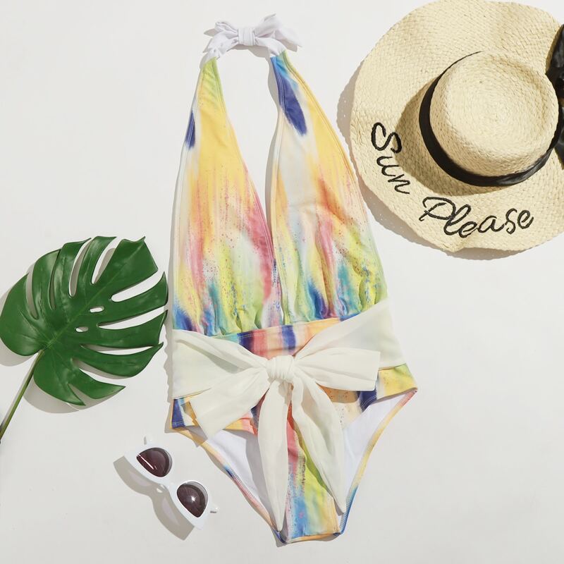 

Tie Dye Tie Front Plunge One Piece Swimsuit, Multicolor