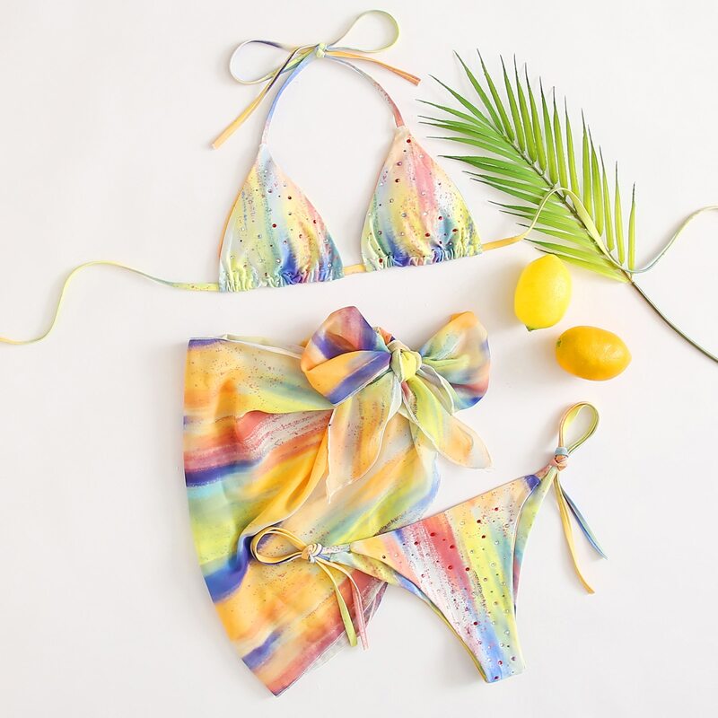 

3pack Colorful Tie Dye Rhinestone Triangle Bikini Swimsuit, Multicolor
