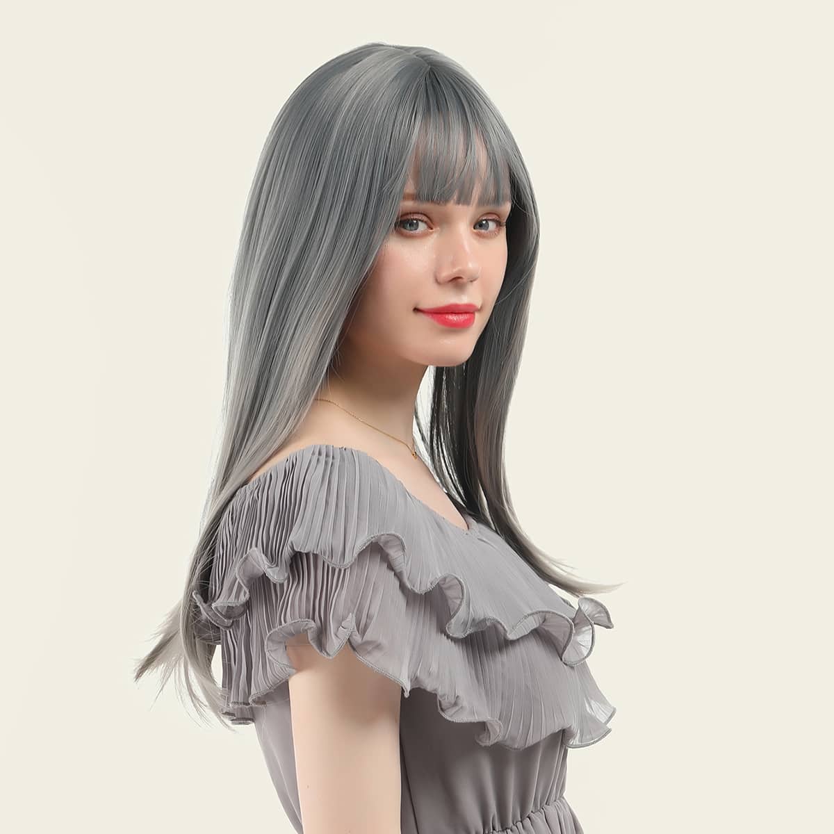 

Natural Long Wig With Bangs, Dark grey