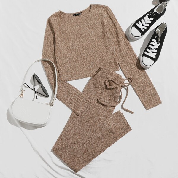 

Solid Ribbed Crop Top & Knot Front Leggings Set, Khaki