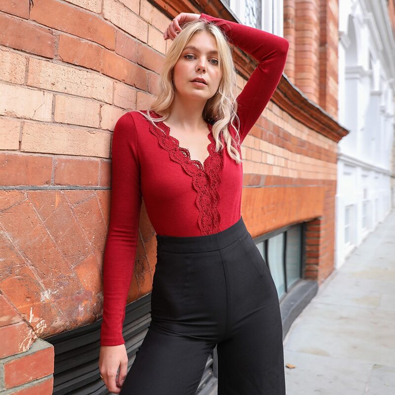 

Guipure Lace Trim Solid Bodysuit, Red