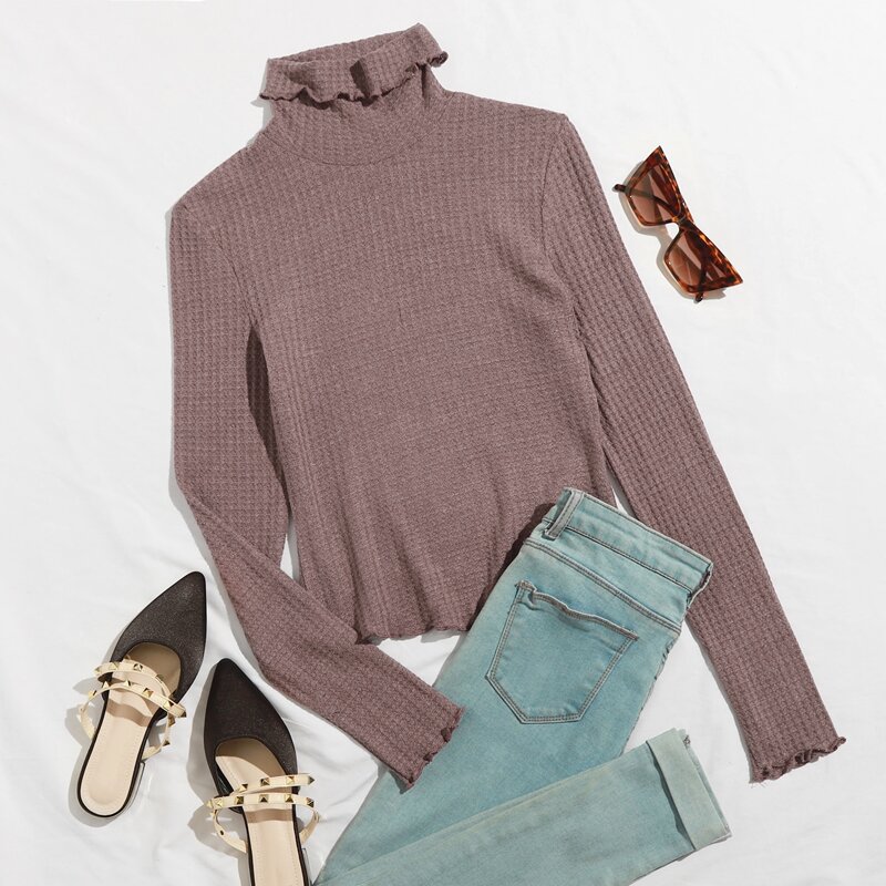 

Funnel Neck Lettuce Trim Waffle Knit Top, Redwood