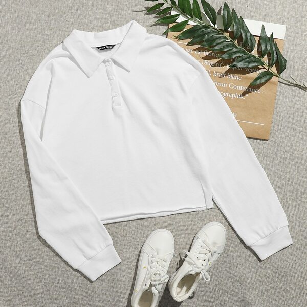 

Button Half Placket Solid Sweatshirt, White
