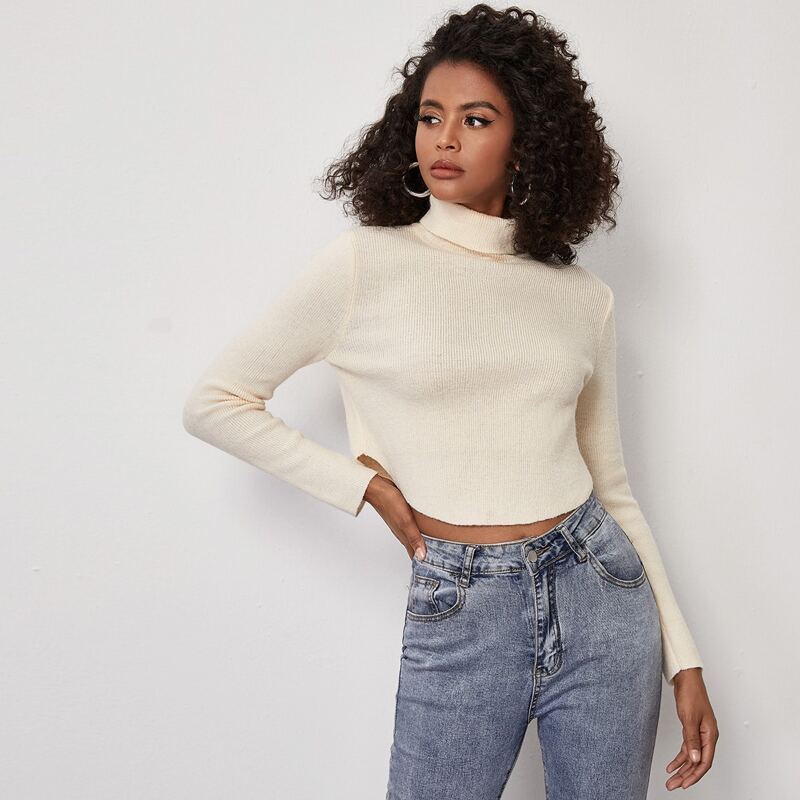 

Turtleneck Rib-knit Curved Hem Sweater, Beige
