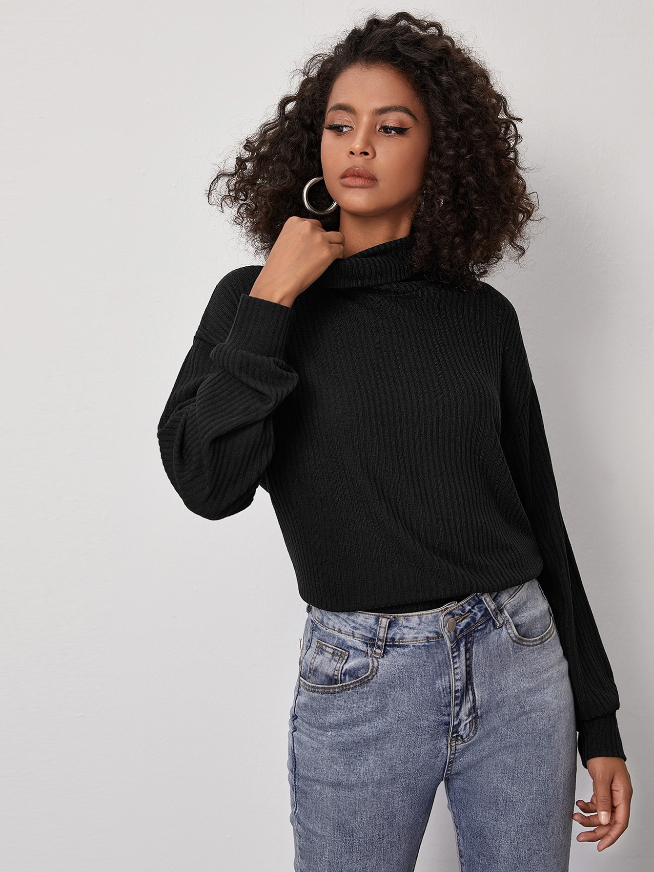 Funnel Neck Solid Rib-knit Top thumbnail