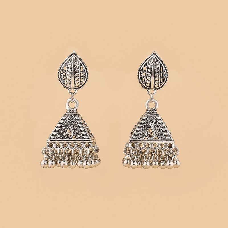 

Jhumka Bell Tassel Decor Drop Earrings, Antique silver