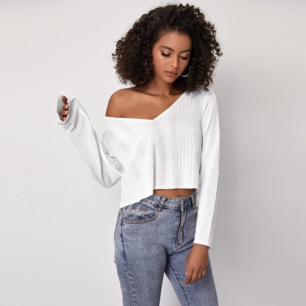 

V Neck Solid Crop Top, White