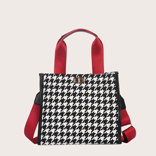 

Houndstooth Satchel Bag, Black and white