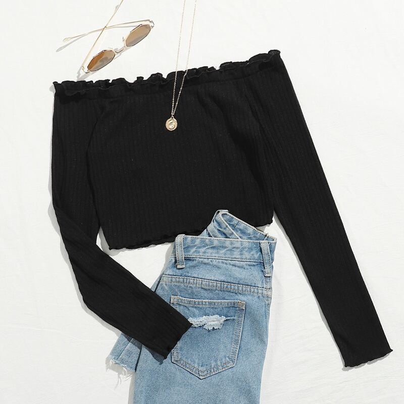 

Off Shoulder Lettuce Trim Rib-knit Crop Top, Black