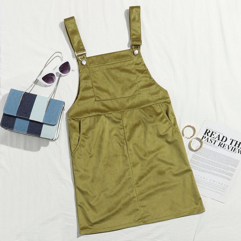 

Kangaroo Pocket Solid Corduroy Overall Dress, Olive green