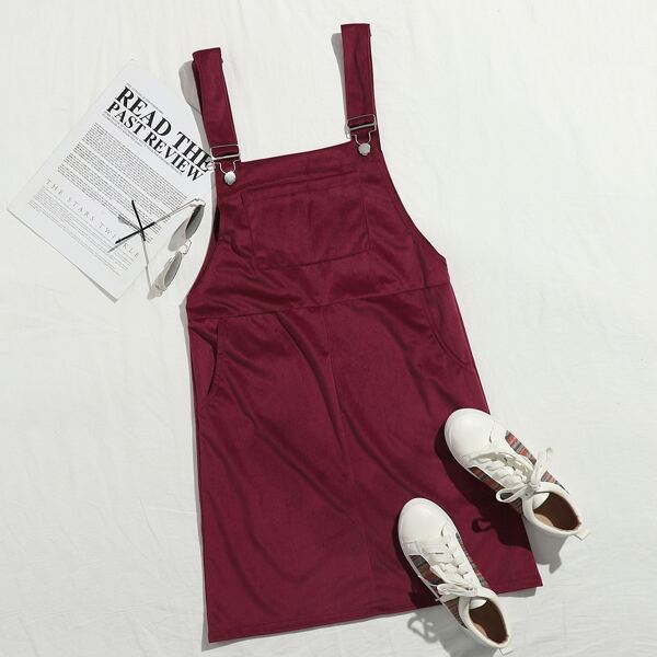 

Kangaroo Pocket Solid Corduroy Overall Dress, Burgundy