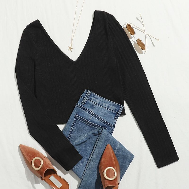 

Rib-knit Solid Crop Tee, Black