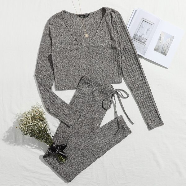 

V Neck Solid Top & Knot Front Leggings Set, Grey