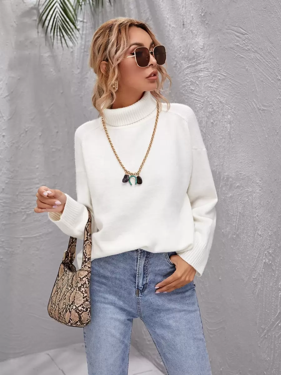 SHEIN LUNE Jersey de hombros caídos de cuello de doblez - Blanco - Ver 1