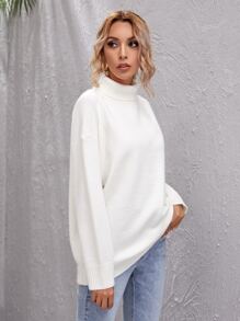 SHEIN LUNE Jersey de hombros caídos de cuello de doblez - Blanco - Ver 3