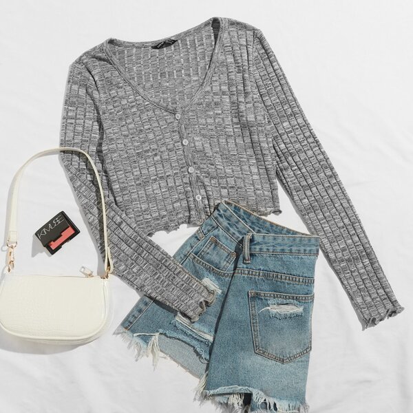 

Button Front Lettuce Trim Tee, Grey