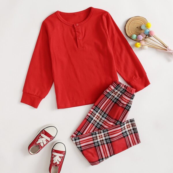 

Toddler Girls Half Button Tee & Tartan Pants, Multicolor