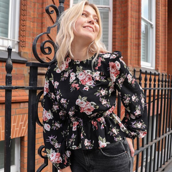 

Floral Print Lantern Sleeve Peplum Top, Multicolor