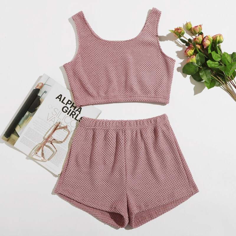 

Solid Textured Crop Tank Top & Shorts Pajama Set, Dusty pink