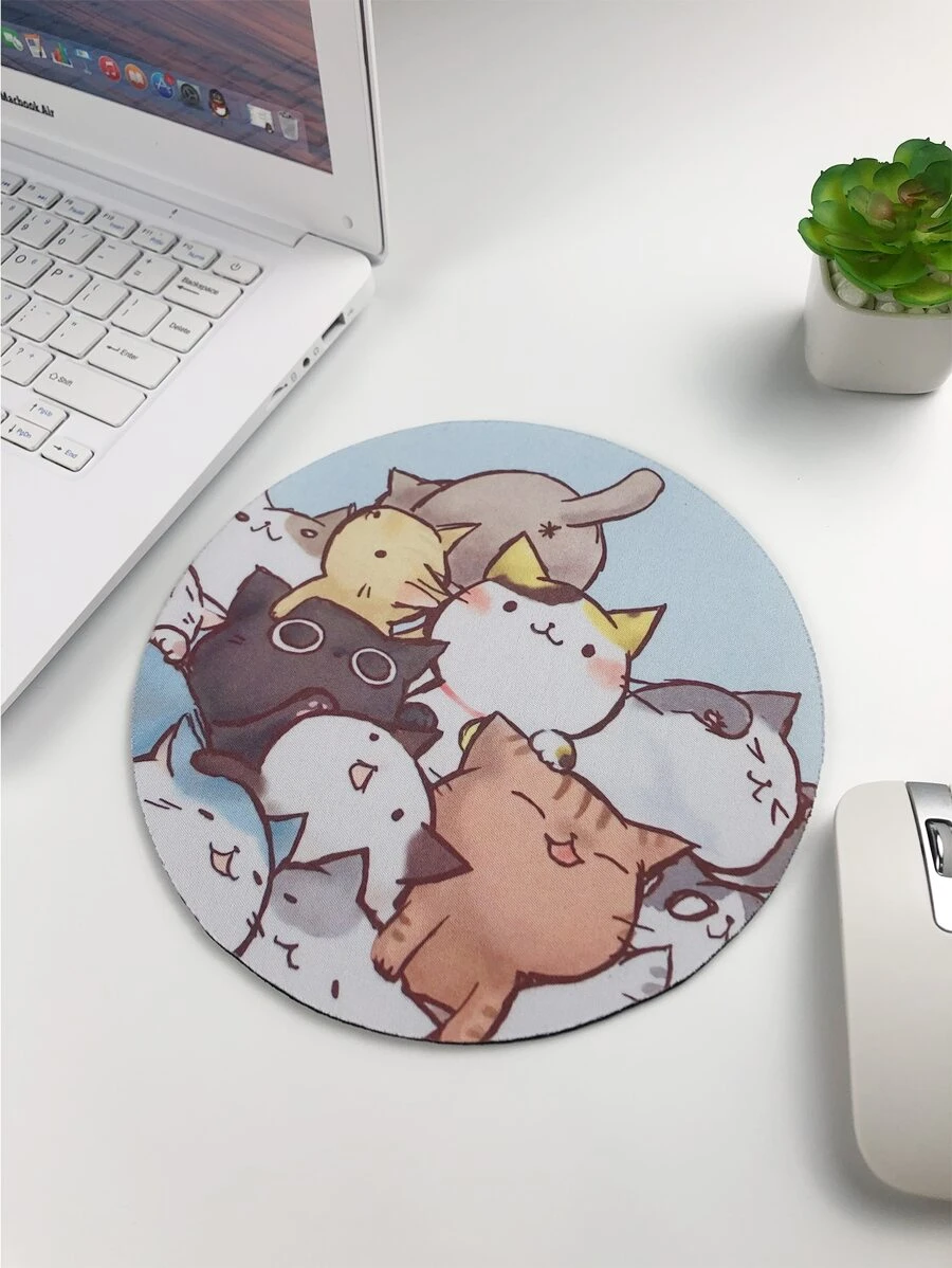 Cat Cartoon Graphic Round Mouse Pad, Desk Mouse Pad - Multicolor - View 1